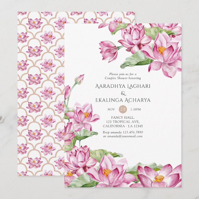 Invitación Watercolor Lotus Flor Ducha Parejas Indias (Anverso / Reverso)