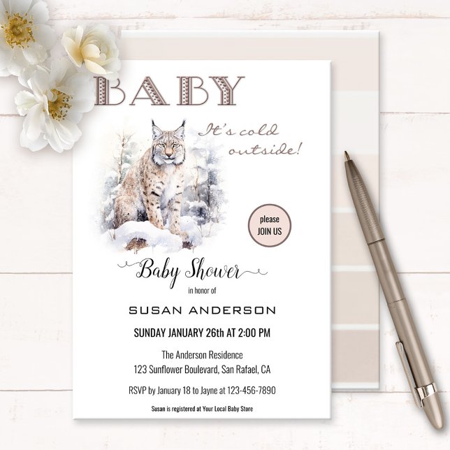 Invitación Watercolor Lynx Winter Baby Shower (A watercolor baby shower invitation featuring a lynx in snow. Beautiful for cat and nature lovers)