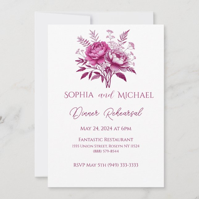Invitación Watercolor Magenta Peony Boda Cena Ensayo (Anverso)