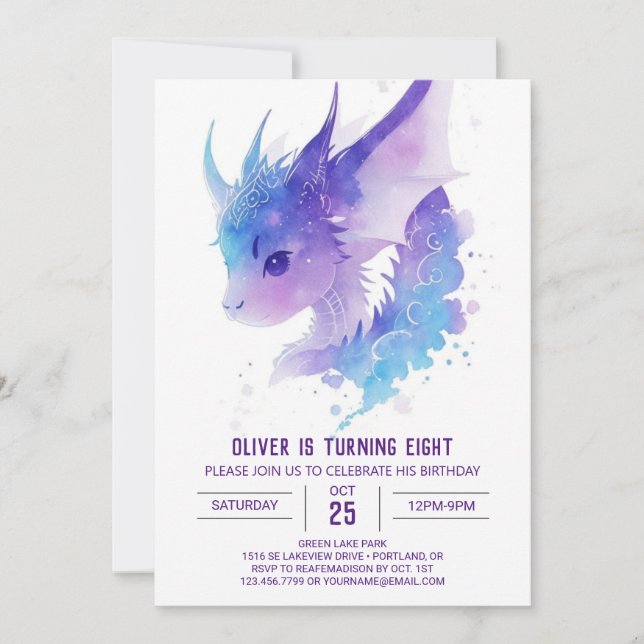 Invitación Watercolor Magic: El cumpleaños del dragón (Anverso)