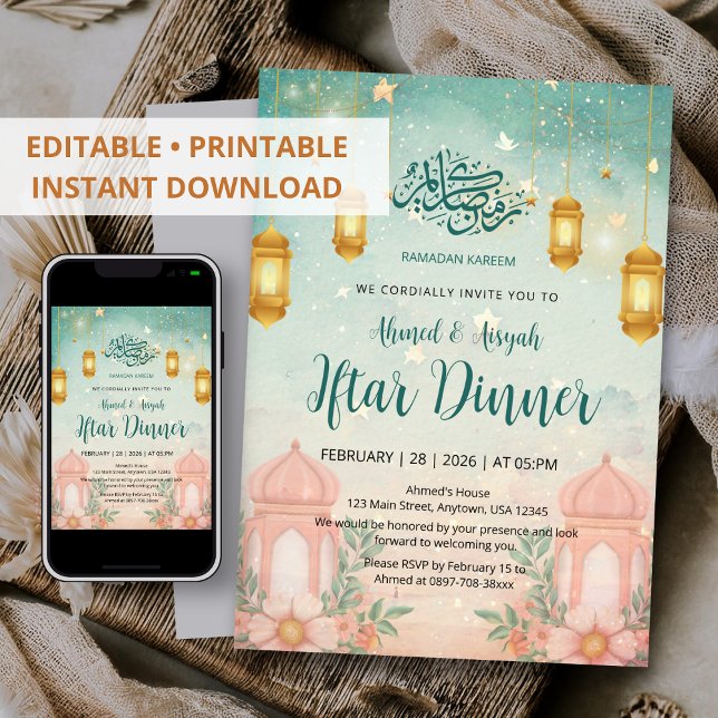 Invitación Watercolor Magical Teal and Peach Iftar Invitation (Subido por el creador)