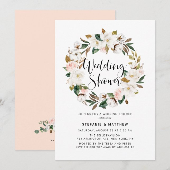 Invitación Watercolor Magnolia Cotton Wreath Wedder (Anverso / Reverso)