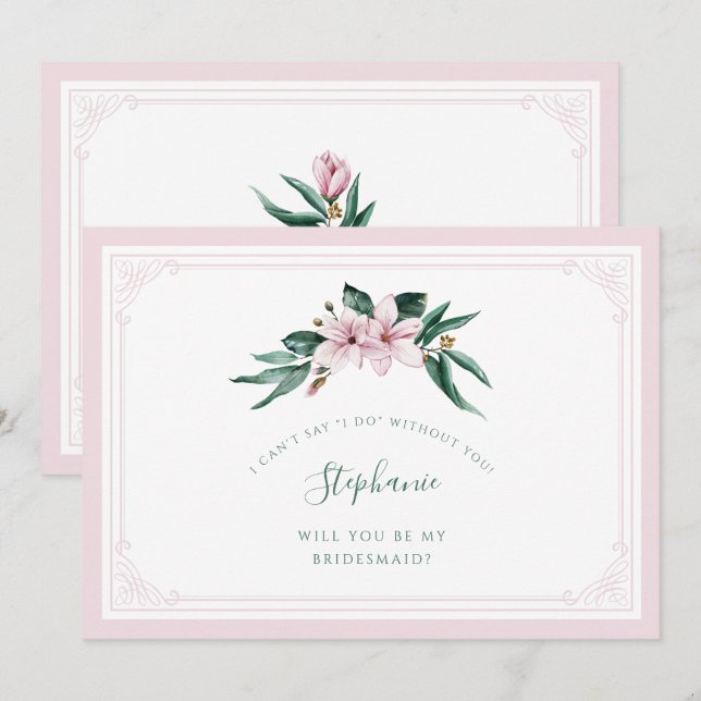 Invitación Watercolor Magnolia Pink Floral Bridesmaid (Anverso / Reverso)