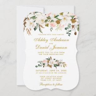 Invitación Watercolor Magnolia Rosa Boda floral Gold