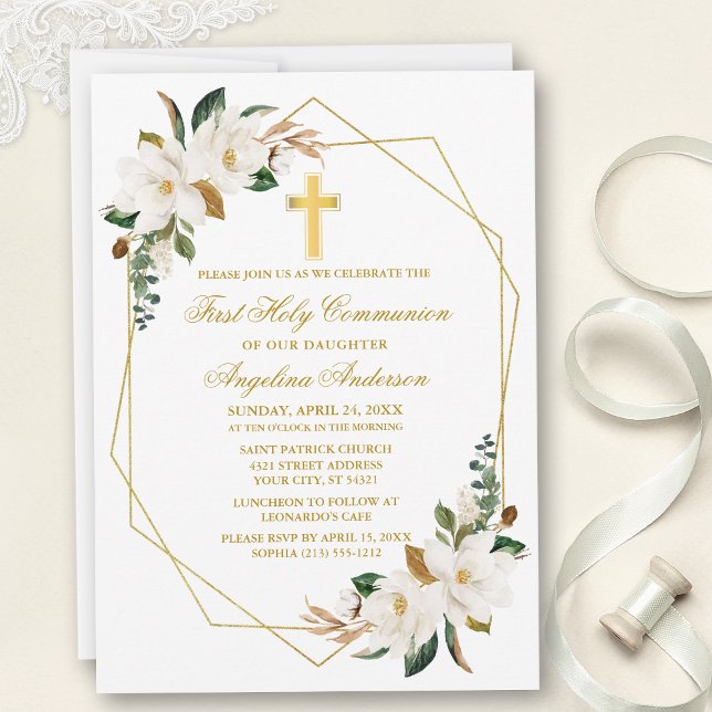 Invitación Watercolor Magnolias Geo Frame Comunión de oro (Customize to change text color, size, style or to add photos or more text to back of card.)