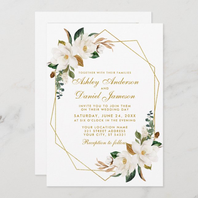Invitación Watercolor Magnolias Greenery Gold Photo Boda (Anverso / Reverso)