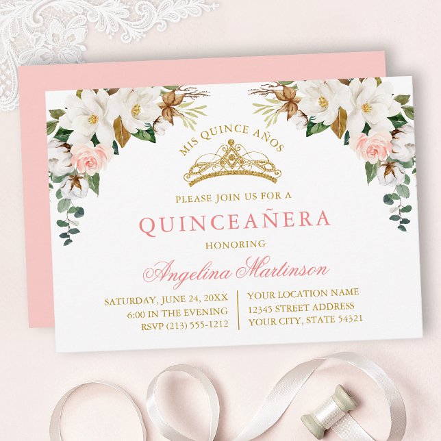 Invitación Watercolor Magnolias Pink Roses Gold Quinceanera (Customize to change text color, text style or color of back of card.)