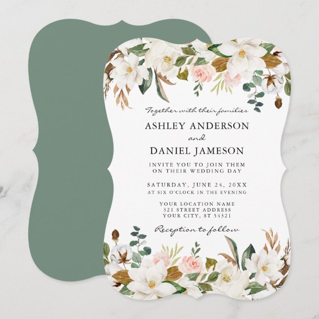 Invitación Watercolor Magnolias Rosas Boda Sage Green (Anverso / Reverso)