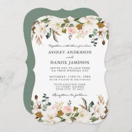 Invitación Watercolor Magnolias Rosas Boda Sage Green