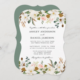 Invitación Watercolor Magnolias Rosas Boda Sage Green