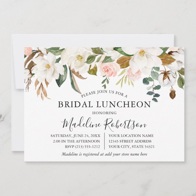 Invitación Watercolor Magnolias Rosas Bridal Shower Luncheon (Anverso)