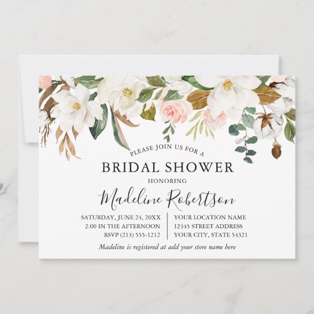 Invitación Watercolor Magnolias Rosas Británica (Anverso)
