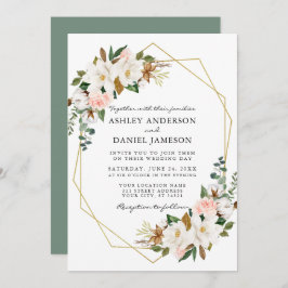 Invitación Watercolor Magnolias Rosas Geo Boda Sage Green