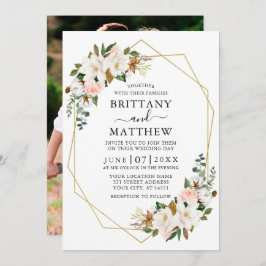 Invitación Watercolor Magnolias Rosas Geo Frame Boda