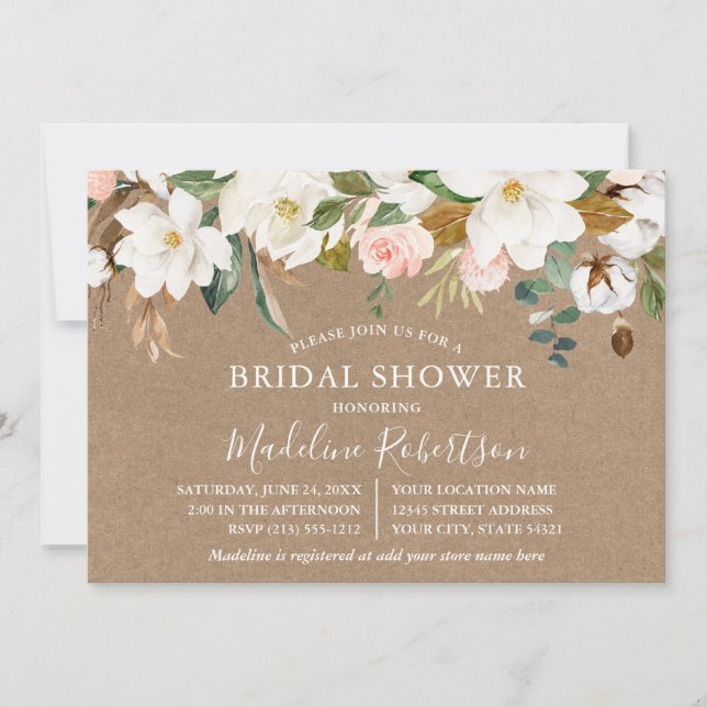 Invitación Watercolor Magnolias Rosas Kraft Bridal Shower (Anverso)