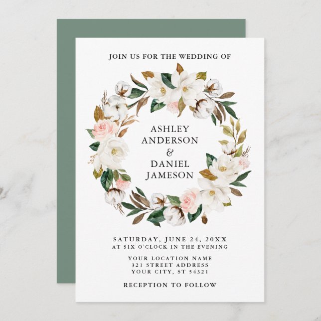 Invitación Watercolor Magnolias Rosas Wreath Sage Green (Anverso / Reverso)