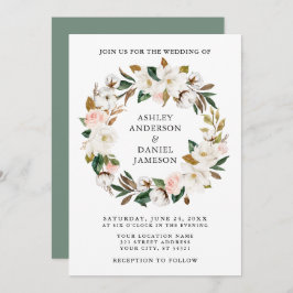 Invitación Watercolor Magnolias Rosas Wreath Sage Green