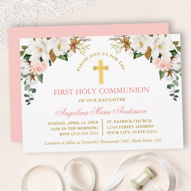 Invitación Watercolor Magnolias Roses Gold Communion (Customize to change text color, text style or color of back of card.)