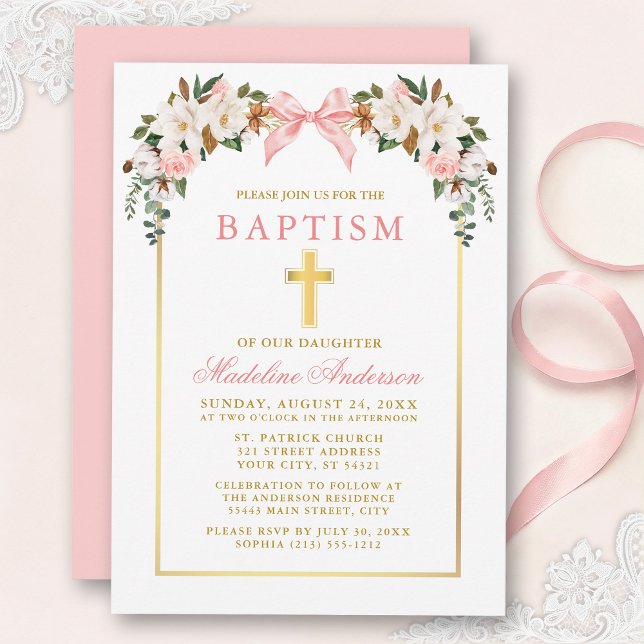 Invitación Watercolor Magnolias Roses Pink Bow Gold Baptism (Customize to change text size, text style or color of back or card.)