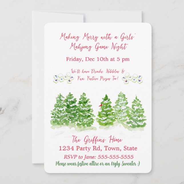 Invitación Watercolor MAHJONG Holiday Winter Trees (Anverso)