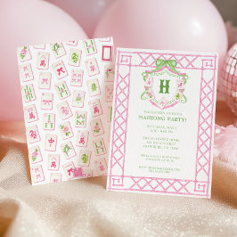 Invitación Watercolor Mahjong Monogram Crest Bamboo Party