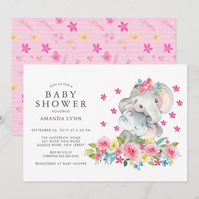 Invitación Watercolor Mamá bebé Elefante Niña Ducha (Anverso / Reverso)
