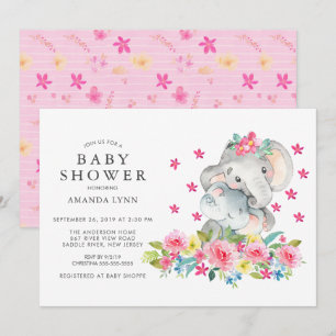 Invitación Watercolor Mamá bebé Elefante Niña Ducha