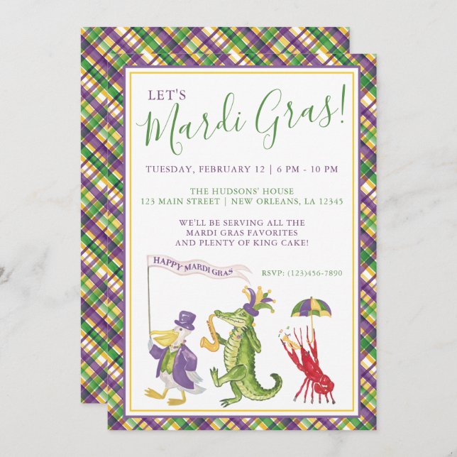 Invitación Watercolor Mardi Gras Animal Parade Party (Anverso / Reverso)