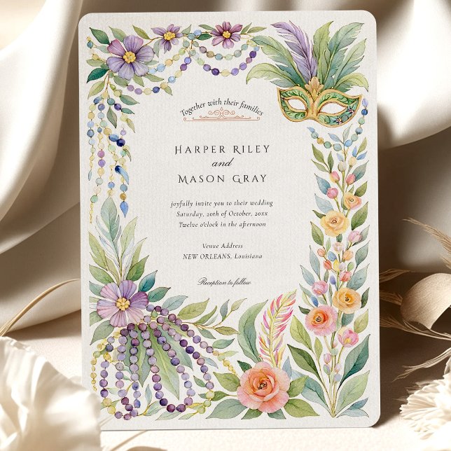 Invitación Watercolor Mardi Gras Masquerade Boda floral (Subido por el creador)