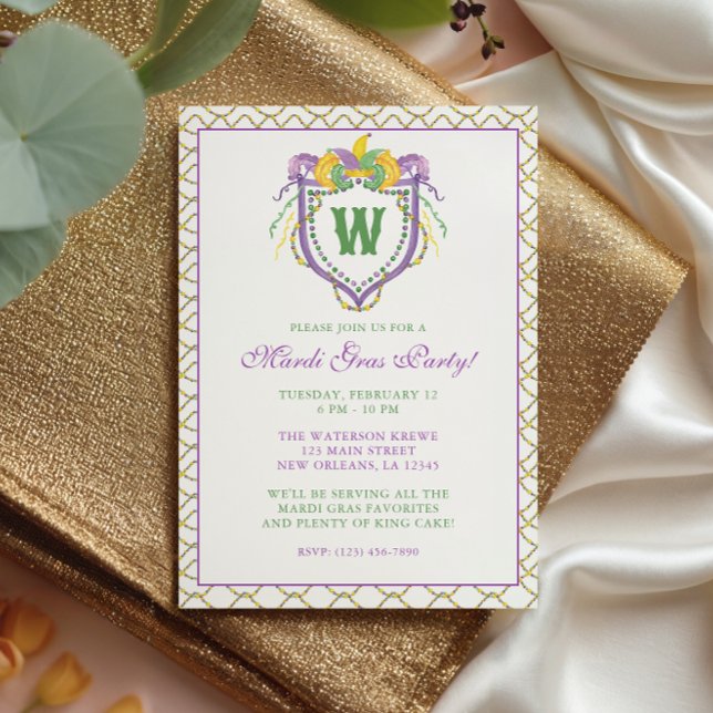 Invitación Watercolor Mardi Gras Monogram Crest Party (Subido por el creador)