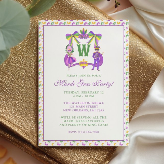Invitación Watercolor Mardi Gras Monogram Crest Party (Subido por el creador)