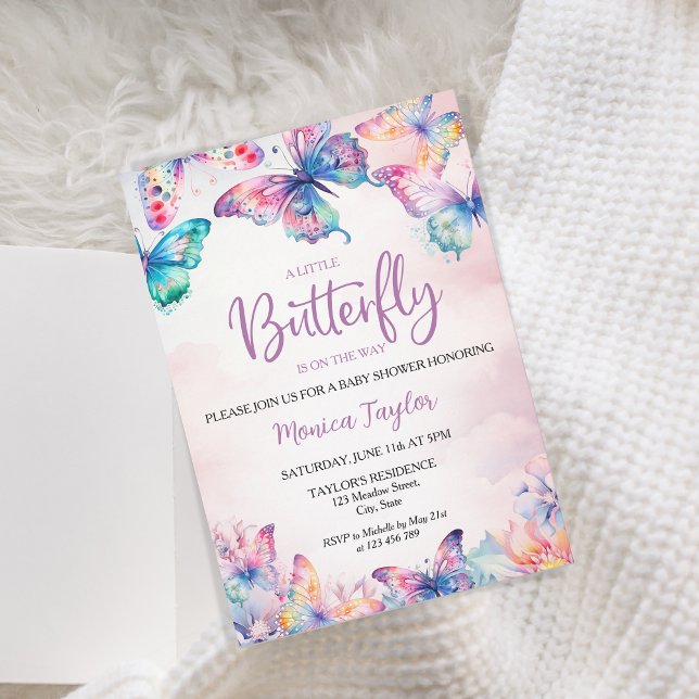 Invitación Watercolor Mariposa Bebé Chica Ducha (colorful butterfy)