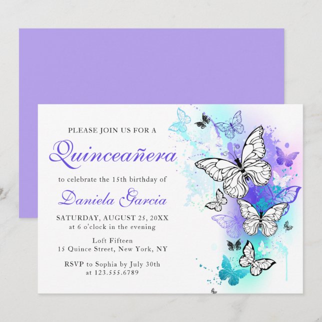 Invitación Watercolor Mariposa Morado Turquesa Quinceañera (Anverso / Reverso)