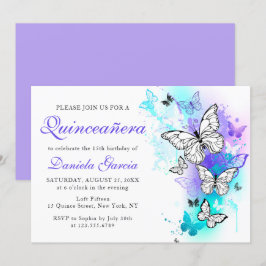 Invitación Watercolor Mariposa Morado Turquesa Quinceañera