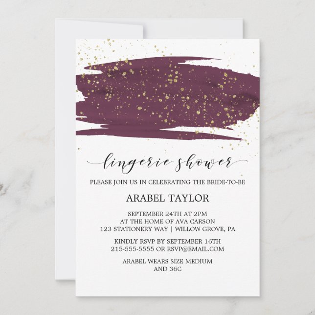 Invitación Watercolor Marsala & Gold Sparkle Lingerie Shower (Anverso)