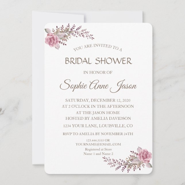 Invitación Watercolor Marsala Maroon Floral Bridal Shower (Anverso)