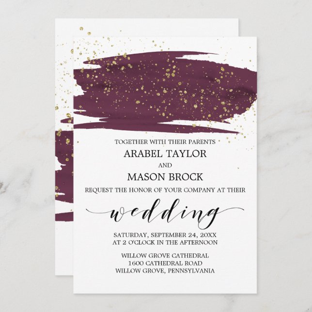 Invitación Watercolor Marsala y Boda Gold Sparkle (Anverso / Reverso)