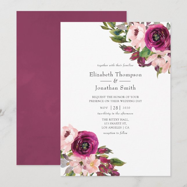 Invitación Watercolor Marsala y Rubor Floral Boda (Anverso / Reverso)