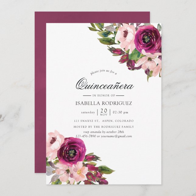 Invitación Watercolor Marsala y Rubor Floral Quinceañera (Anverso / Reverso)