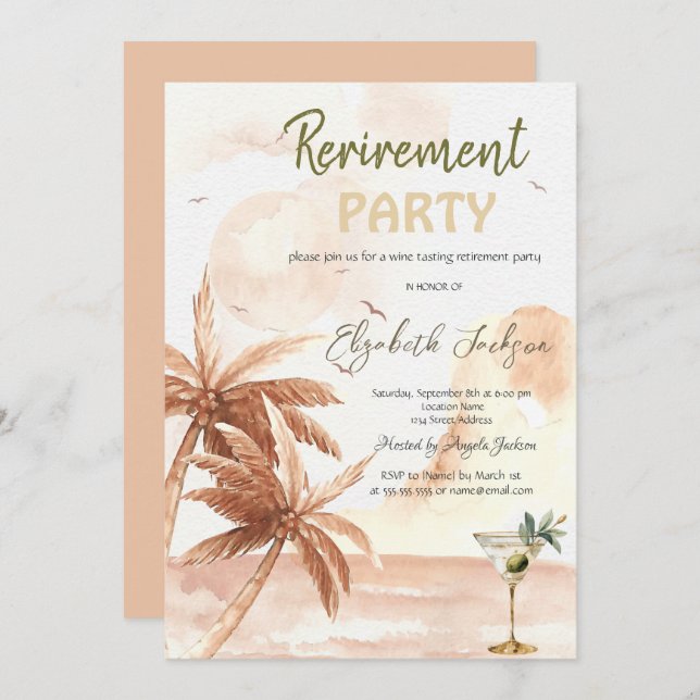 Invitación Watercolor Martini Glass Rustic Palms Retirement  (Anverso / Reverso)