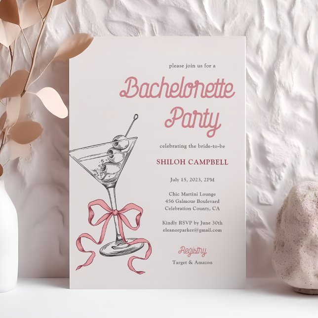 Invitación Watercolor Martini Pink Bow Bachelorette (Subido por el creador)