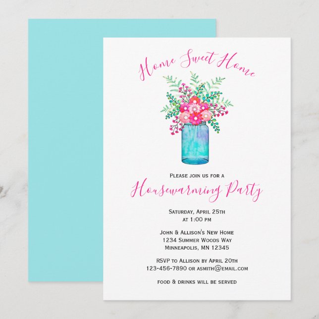 Invitación Watercolor Mason Jar Bouquet | Calentamiento de vi (Anverso / Reverso)