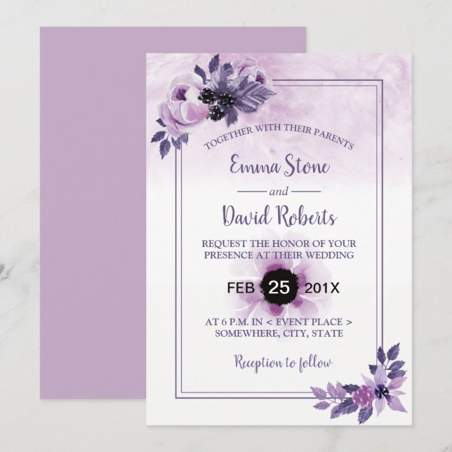 Invitación Watercolor Mauve Floral Elegante Primavera Boda (Anverso / Reverso)