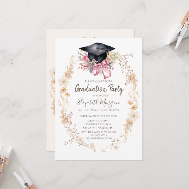 Invitación Watercolor Meadow Flowers Cap Bow Graduation (Anverso/Reverso In Situ)