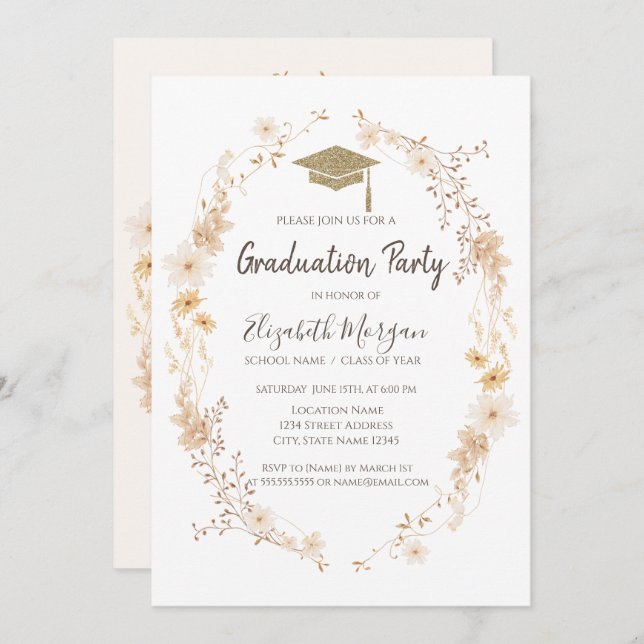 Invitación Watercolor Meadow Flowers Glitter Cap Graduation  (Anverso / Reverso)