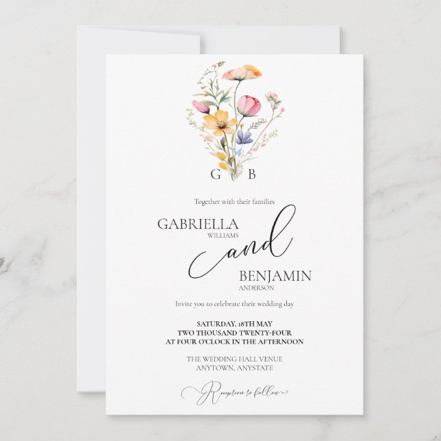 Invitación Watercolor Meadow Wildflower Simple Boda (Anverso)