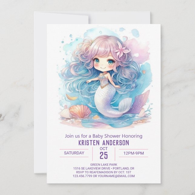 Invitación Watercolor Mermaid Fantasy Baby Shower (Anverso)
