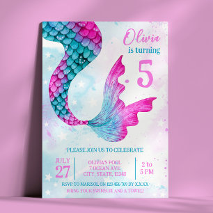 Invitación Watercolor Mermaid Tail Chica Birthday Party
