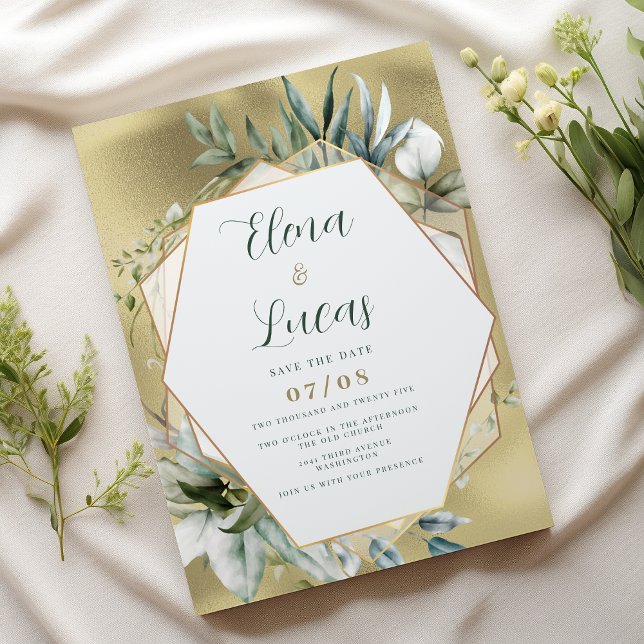 Invitación Watercolor mint gold foliage geometric wedding (Watercolor mint gold foliage geometric wedding)