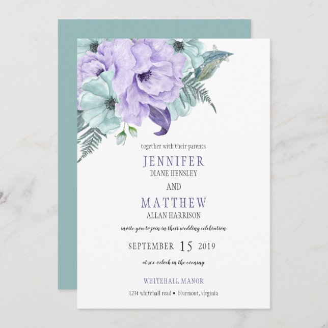 Invitación Watercolor Mint Lavender Purple Peonies Boda (Anverso / Reverso)